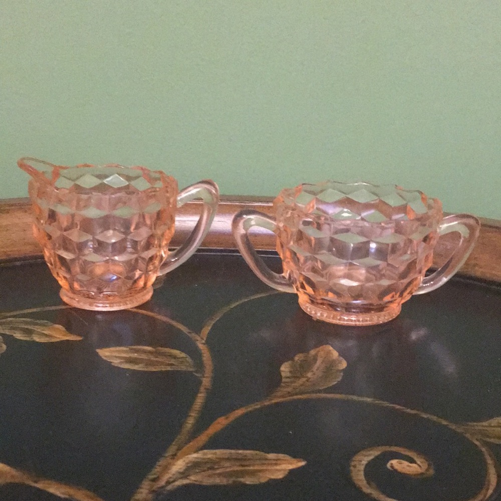 Vintage Fostoria American Pink Stack Cube Creamer and Sugar Bowl MCM